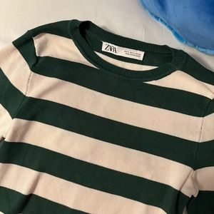COPY - Zara Cropped Green & White Striped Ribbed Sweater
